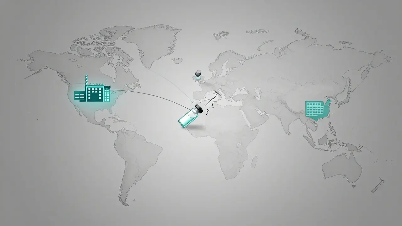 A stylized world map showing a broken supply chain link and a falling medication vial.