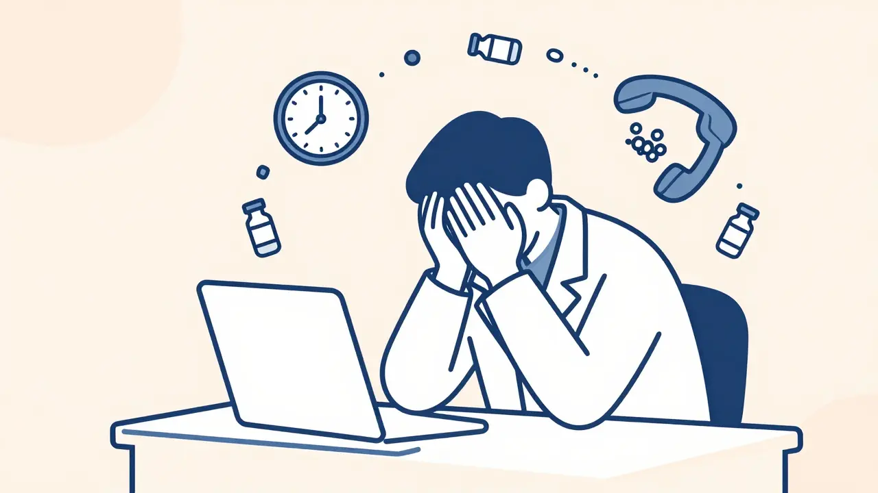 An exhausted hospital pharmacist sitting at a desk surrounded by symbols of stress.