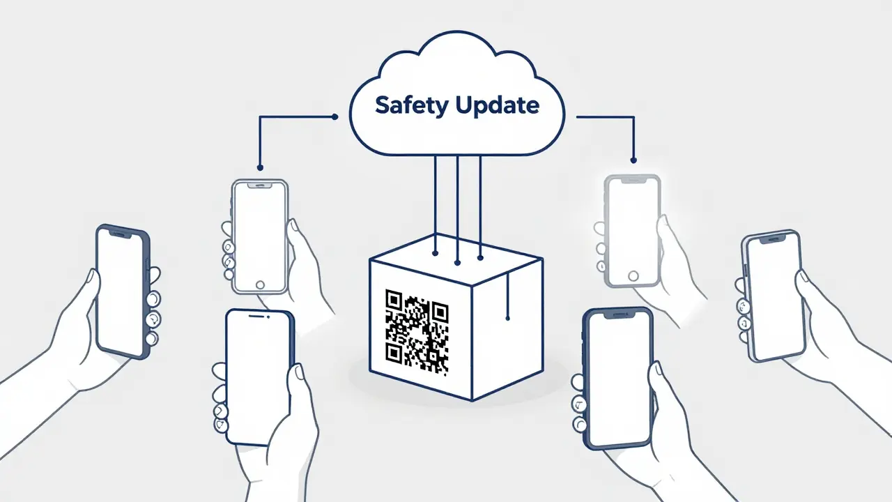Data flow from a medication QR code to a cloud server and then to multiple smartphones.