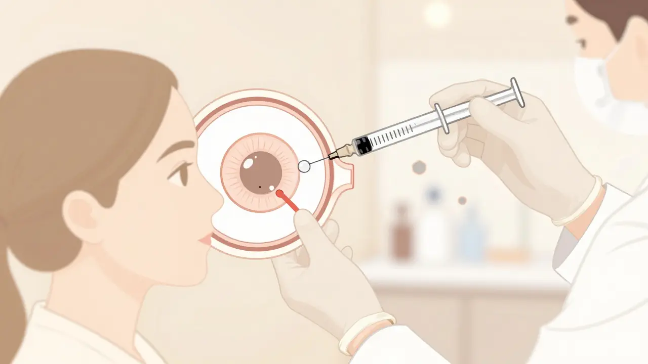 Doctor administering therapeutic eye injection to seated patient