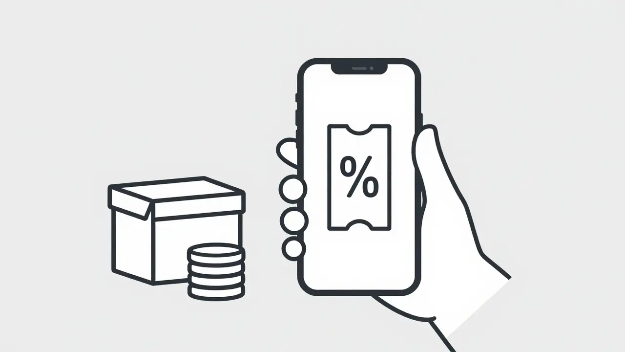 Hand holding a smartphone with a digital coupon for medication savings