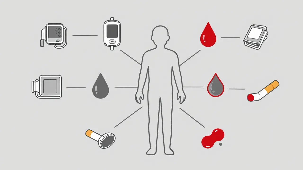 Medical risk factors connected to human figure through vein-like lines