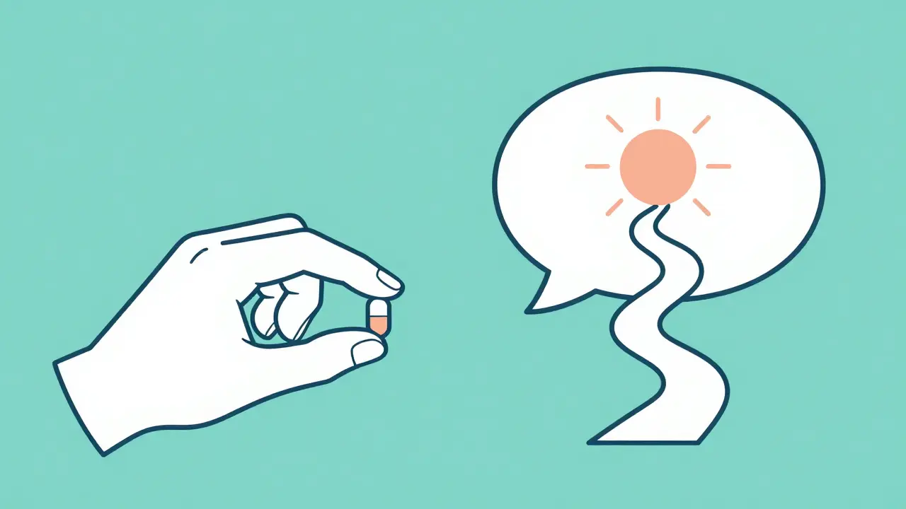 Monoline art showing a pill and a path in a speech bubble representing combined medical and therapy treatment.
