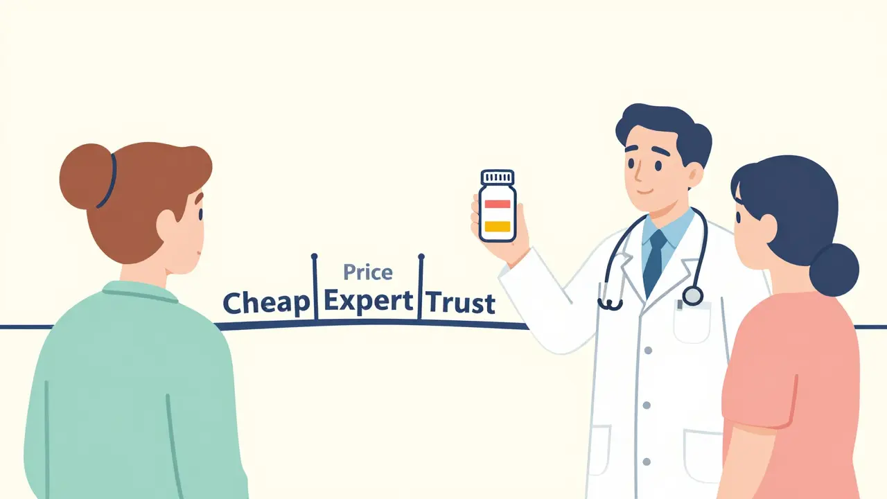 Monoline illustration of a doctor reassuring a patient about the effectiveness of generic medicine.