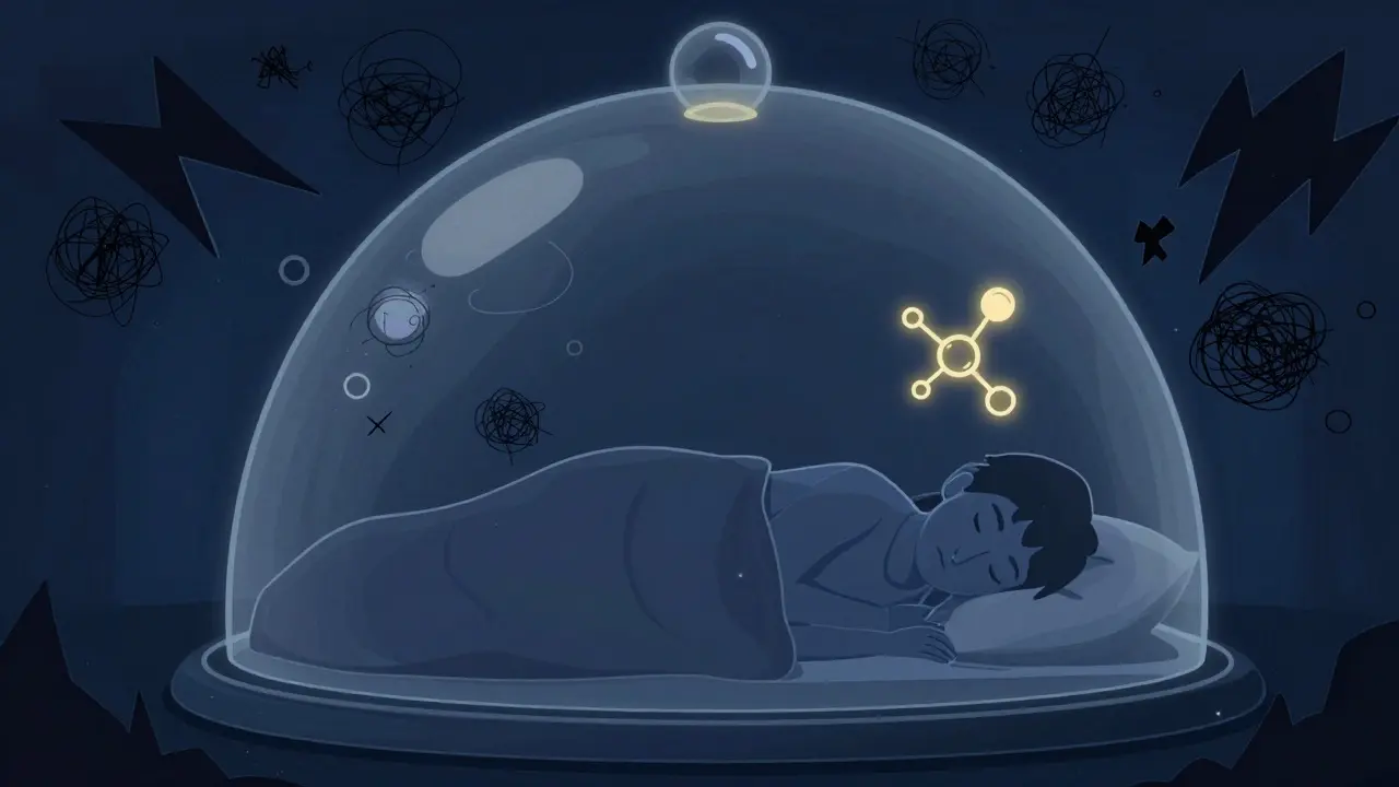 Monoline illustration of a person sleeping safely under a protective dome that blocks nightmares.