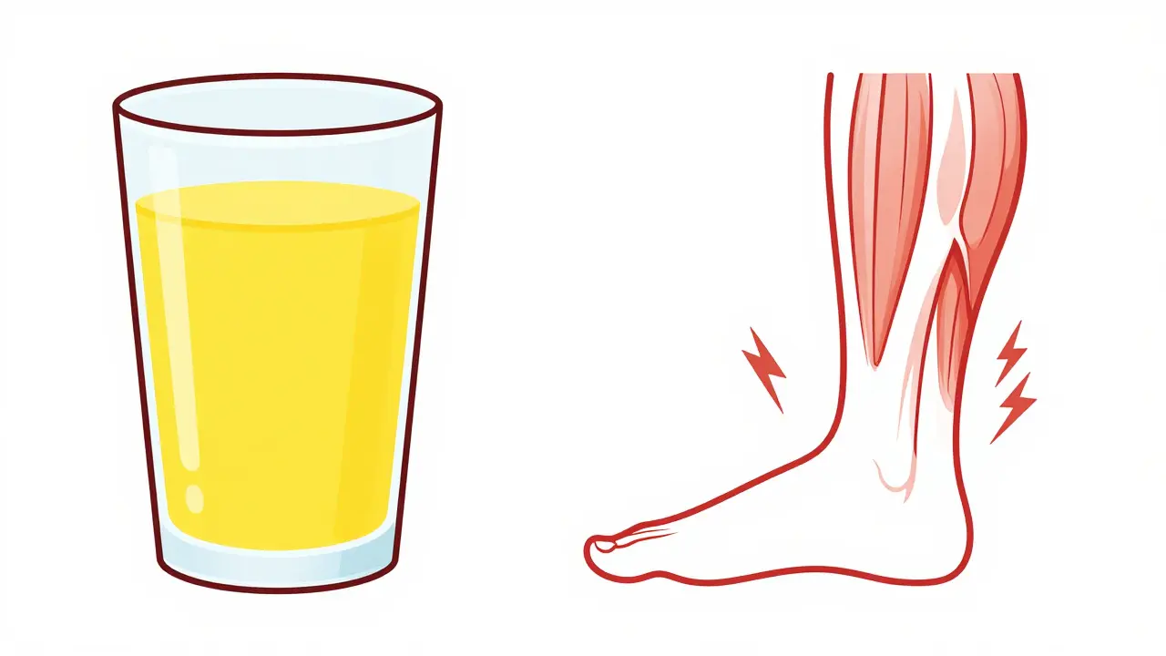 Monoline illustration of grapefruit juice and a leg muscle indicating pain.