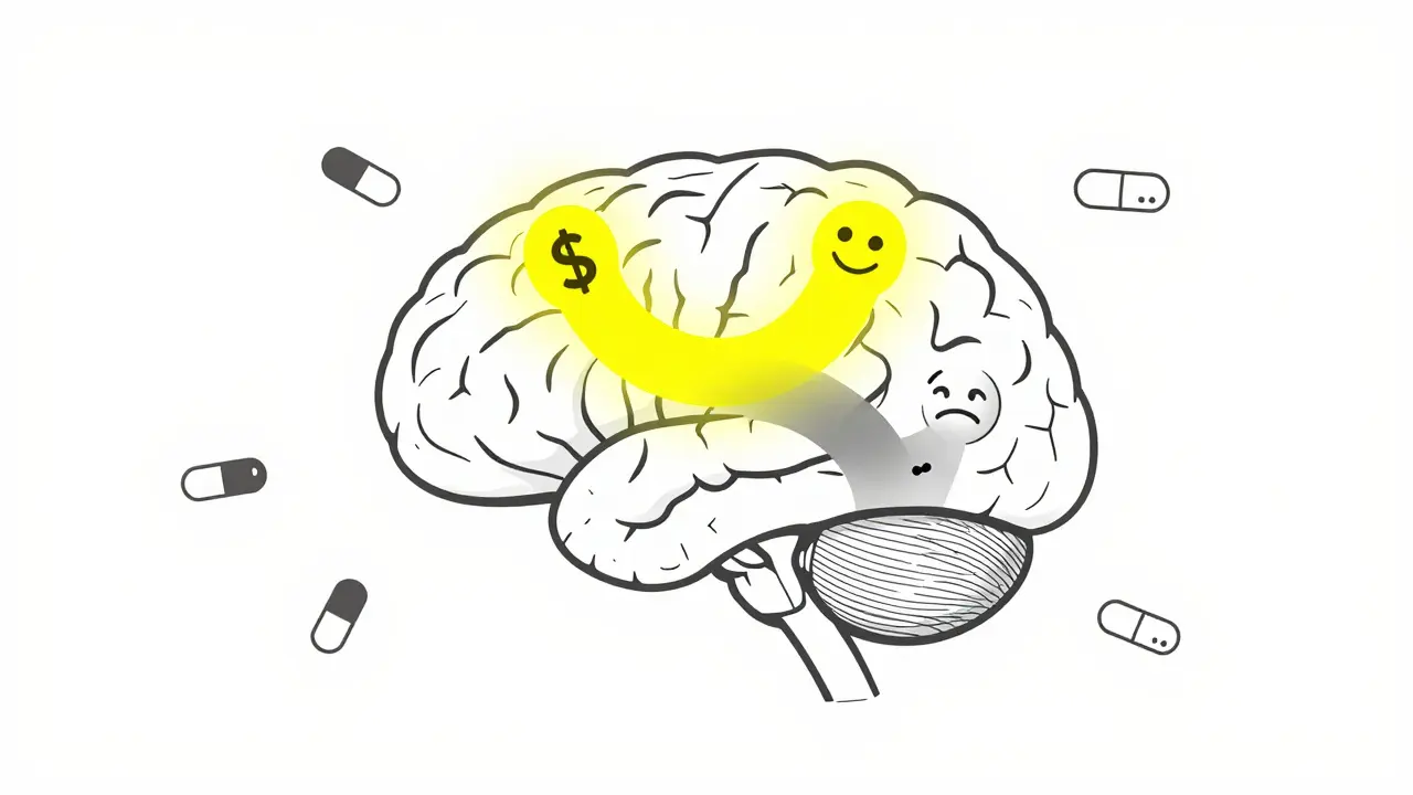 Monoline illustration showing the brain's reaction to expensive versus cheap medication.